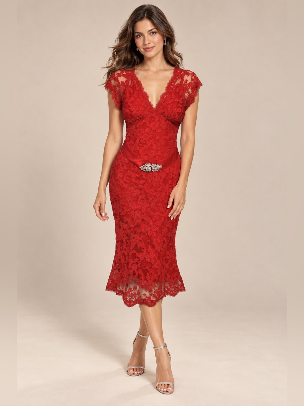 Aida Solid Red Formal Lace V Neck Cap Sleeve Rhinestone Belt Midi Dress 14 Large